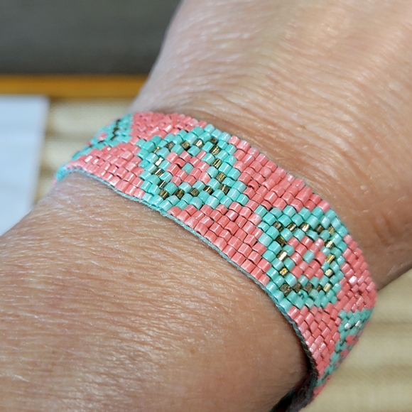 Pink & Turquoise Costume Jewelry Set Earrings, Beaded Bangle, Handmade Bracelet - Picture 5 of 9